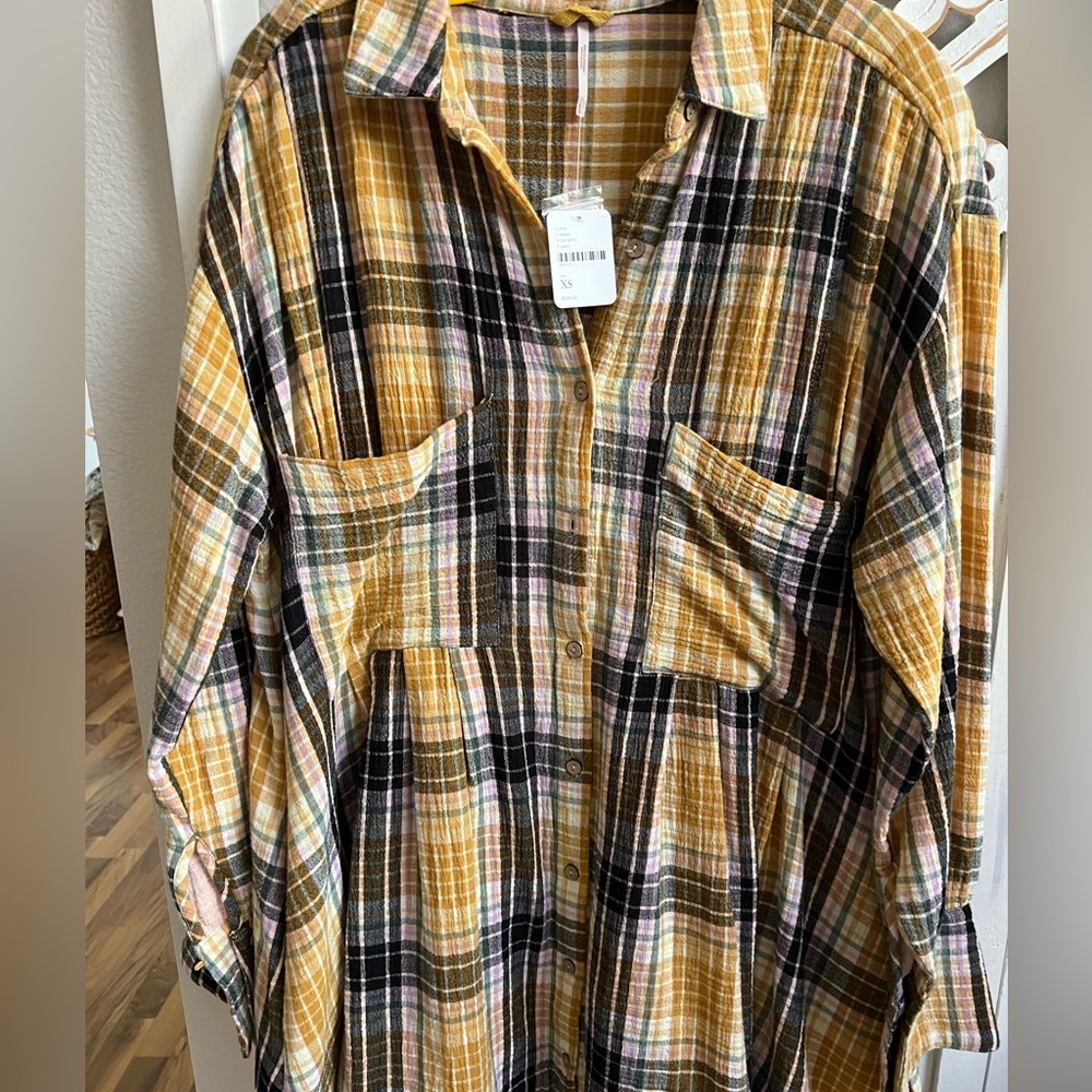 Free People Smock Dress. NWT XS. Gauze plaid. Yellow, black, white plaid.